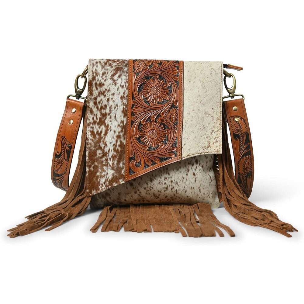 Leather Cross Body Bag Women Hand-Tooled Floral Suede Fringes Adjustable